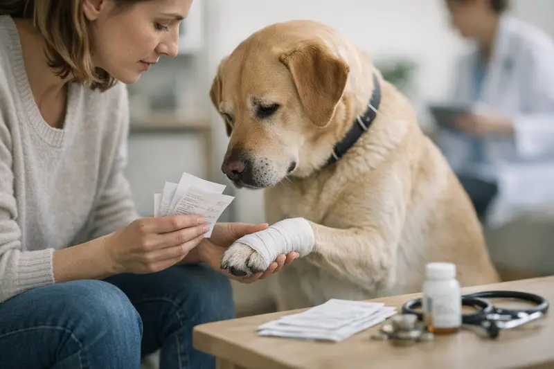 Ein Hund mit Verbänden an den Pfoten in einer Tierarztpraxis, der tierärztliche Behandlungen erhält.