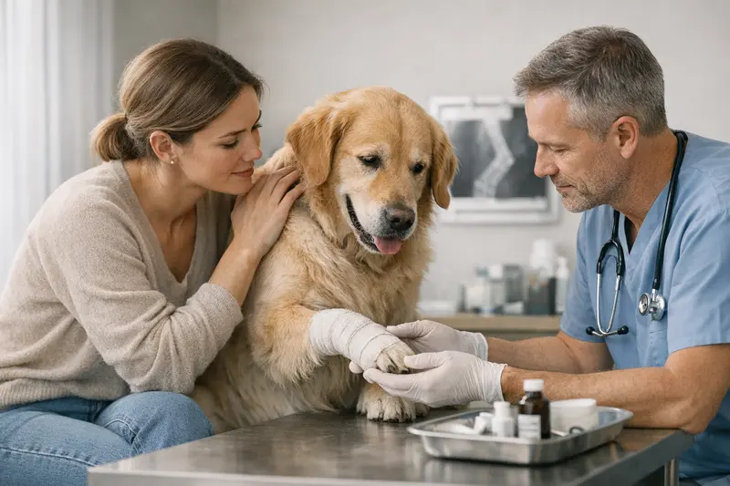 Ein Tierarzt untersucht vorsichtig die Pfote eines Hundes auf mögliche Verletzungen.