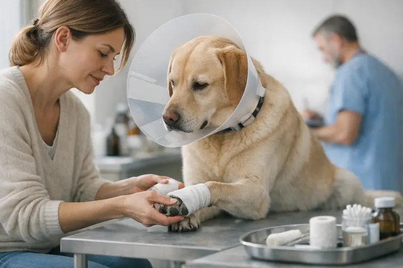 Ein Hundewelpe mit verletzter Pfote wird von einem Tierarzt untersucht.