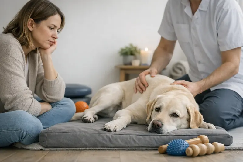 Physiotherapie für Hunde Hunde-Physiotherapie mit einem Tierarzt, der eine Behandlung durchführt.
