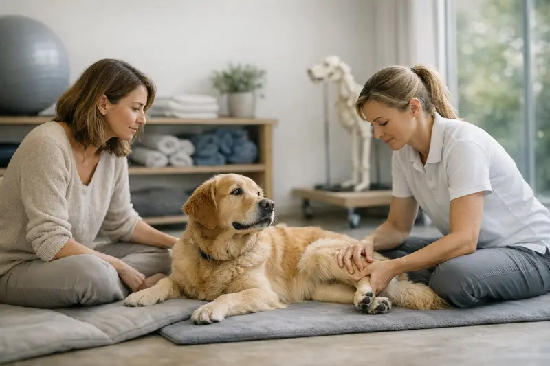Physiotherapie für Hunde Hundedame wird von Physiotherapeut behandelt
