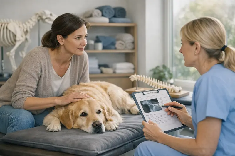 Hundephysiotherapeutin untersucht einen Hund auf der Liege für eine tierärztliche Verordnung.