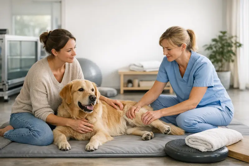 Hunde-Physiotherapie im Überblick Hund während einer Physiotherapie-Behandlung mit Fokus auf die tierärztliche Betreuung.
