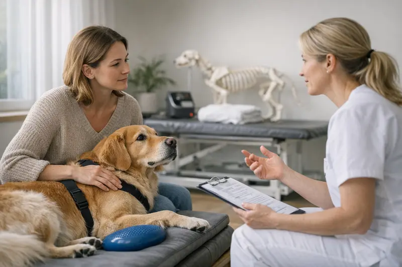 Hund mit Physiotherapeut bei der Rehabilitation nach einer Verletzung