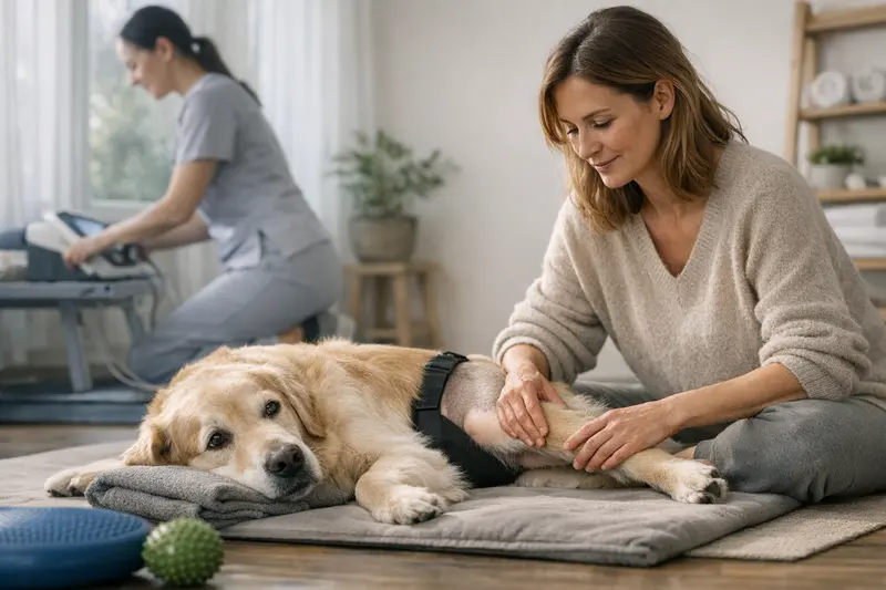 Hund bei Physiotherapie nach Operation Ein Hund erhält nach einer Operation Physiotherapie zur Rehabilitation.