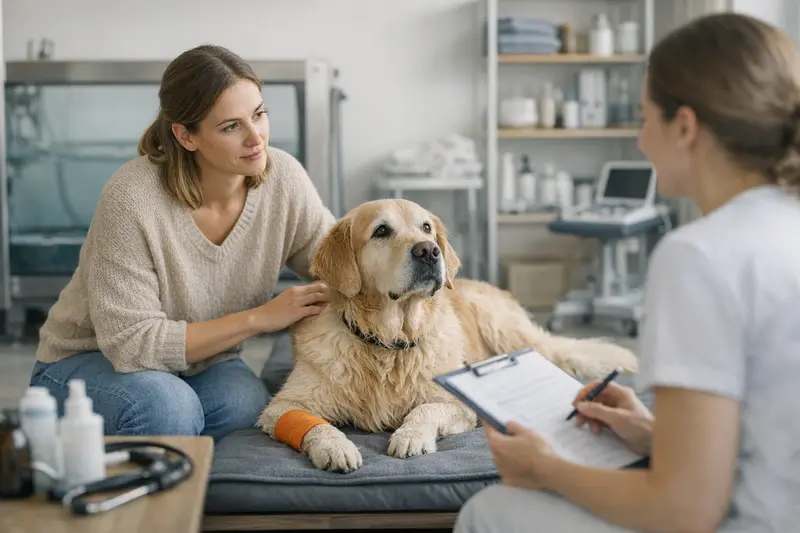 Hundetherapie Kosten Übersicht Eine Hundebesitzerin mit ihrem Hund während einer Physiotherapie-Sitzung, um die Kosten für die Therapie-Serie besser zu verstehen.