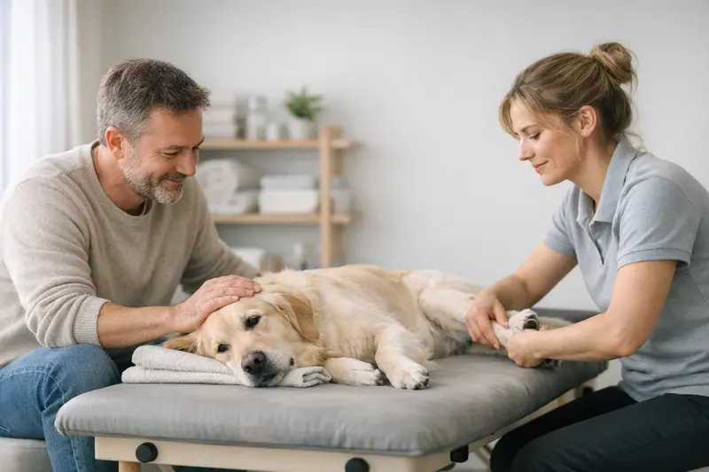 Hundekrankenversicherung und Physiotherapie Eine Hündin erhält in einer Praxis Physiotherapie zur Unterstützung ihrer Gesundheit.
