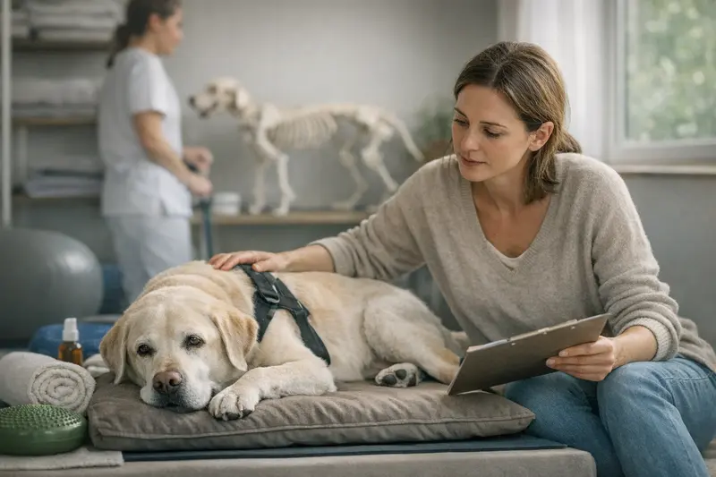 Tierärztliche Untersuchung bei Vorerkrankungen Hunde mit Tierärztin während einer Gesundheitsuntersuchung, die Vorerkrankungen und Wartezeiten bespricht.