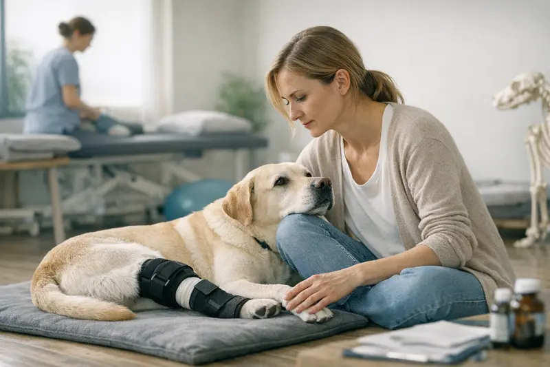 Hund Physiotherapie Vorerkrankungen Wartezeiten Ein Hund bei einer Physiotherapie mit aufmerksamem Tierarzt, der ihm bei der Behandlung hilft.