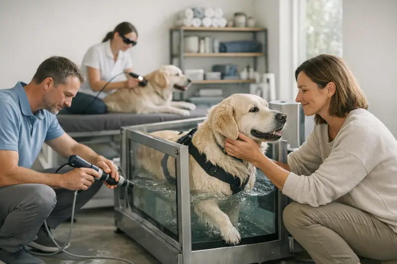 Physiotherapie für Hunde und Versicherung Ein Hund, der Physiotherapie erhält, um seine Beweglichkeit zu verbessern und Schmerzen zu lindern.