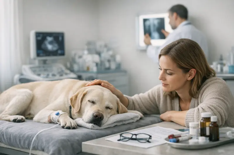 Tierarztuntersuchung bei unklaren Symptomen Ein Tierarzt untersucht einen Hund mit unklaren Symptomen.