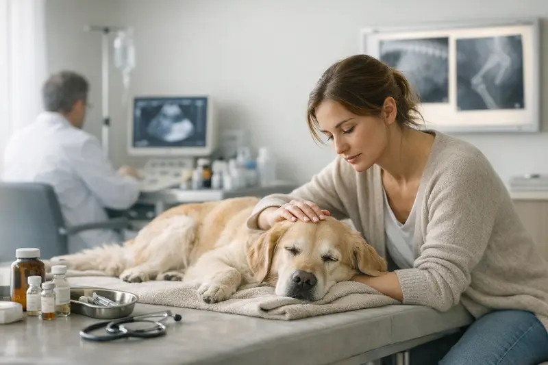 Wichtige Leistungen der Tierkrankenversicherung Ein Hund beim Tierarzt, der auf mögliche Diagnosen untersucht wird.
