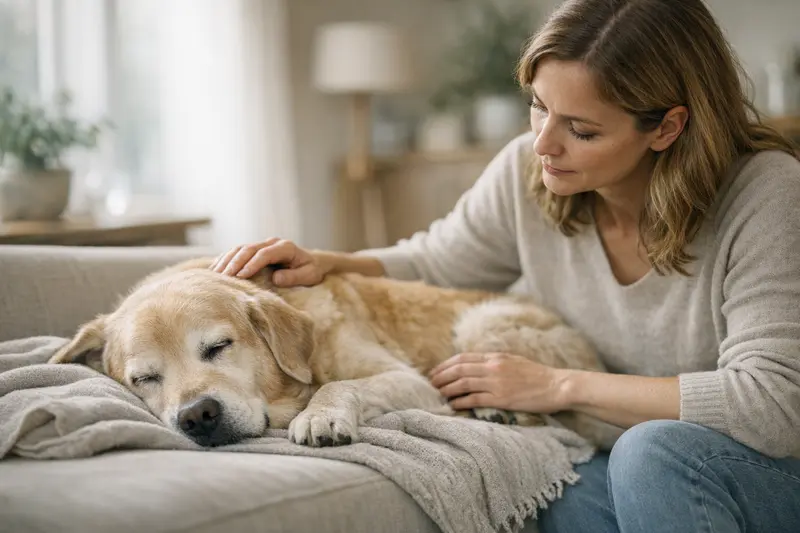 Schlafverhalten von Hunden Ein schlafender Hund auf einem gemütlichen Bett, der Ruhe und Entspannung ausstrahlt.