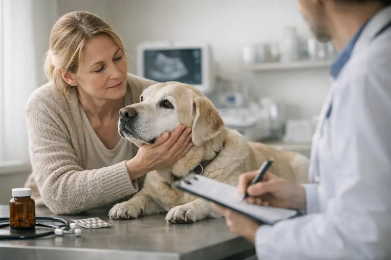 Ein älterer Hund in einer Sprechstunde beim Tierarzt zur Gesundheitsuntersuchung.