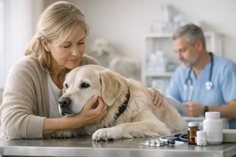 Hunde Vorerkrankungen Tierarzt Ein älterer Hund beim Tierarzt, der seine gesundheitliche Vorgeschichte überprüft.