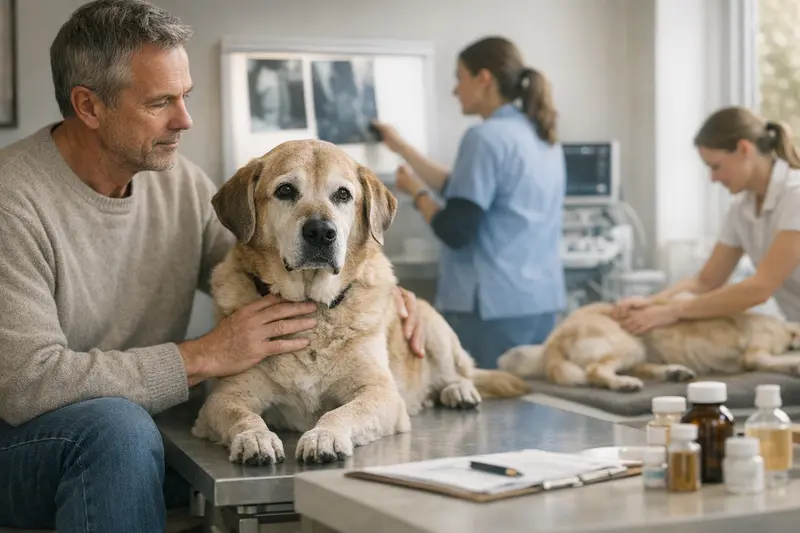 Tierarztkosten älterer Hunde Ein älterer Hund beim tierärztlichen Check-up zur Kontrolle seiner Gesundheit.