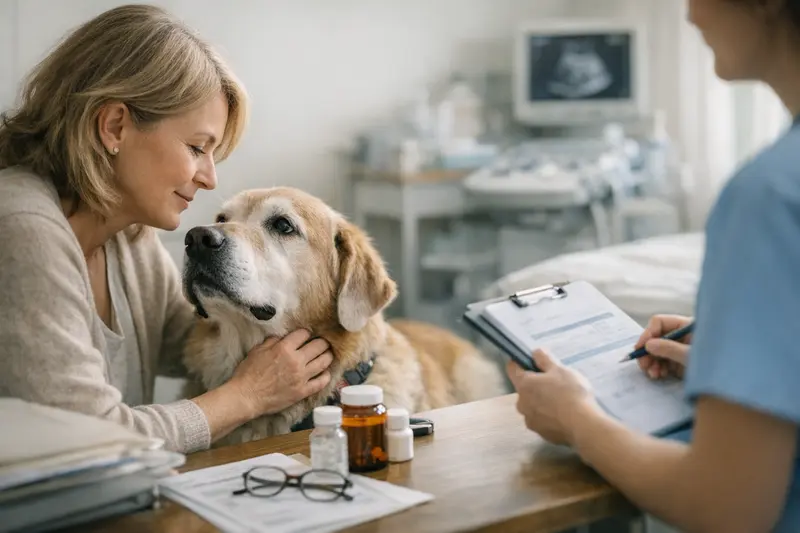 Tarifvergleich für Senior-Hunde beim Tierarzt Senior-Hund beim Tierarzt, der sich über die Kosten der Tierversicherung informiert.