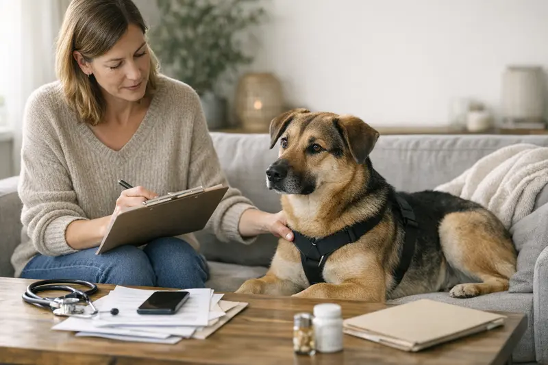 Ein Hund in einer Pflegestelle, der liebevoll betreut wird, während wichtige Informationen geklärt werden.