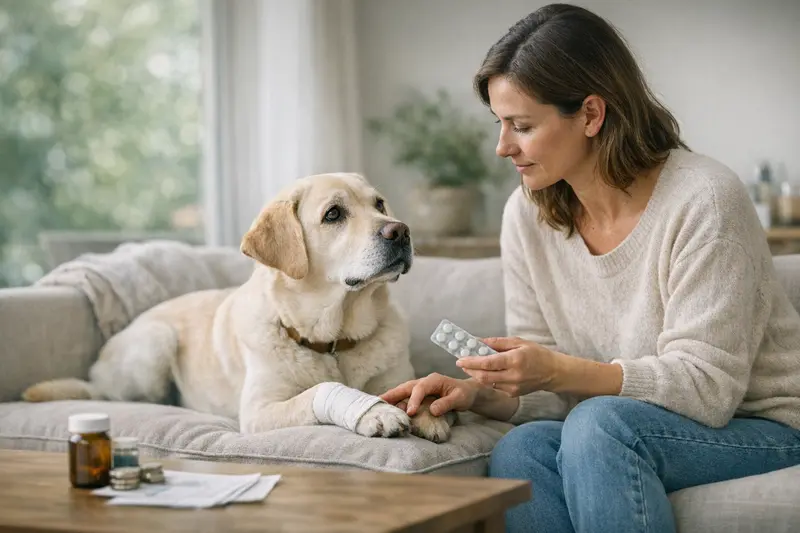 Ein Hund erhält eine tierärztliche Untersuchung, während die Selbstbeteiligung der Versicherung besprochen wird.