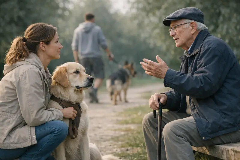 Hund mit Halter Ein Hund, der mit einer verantwortungsbewussten Person spazieren geht und dabei angeleint ist.