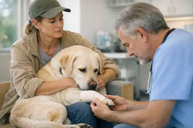 Hundehalter mit Hund während eines Gassigangs, der beim Tierarzt behandelt wird.