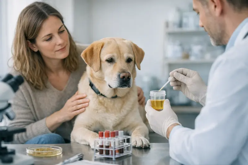 Ein Hund bei einer Laboruntersuchung zur Diagnose von Krankheiten.