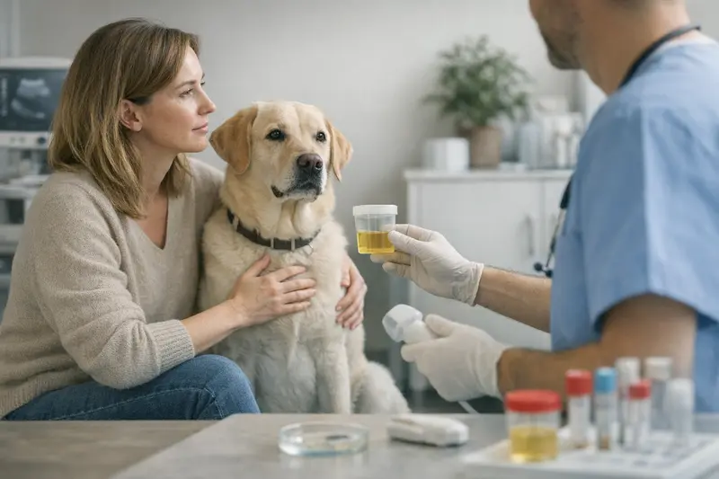Urinprobe Kosten Hund Tierarzt untersucht einen Hund und nimmt eine Urinprobe zur Analyse.