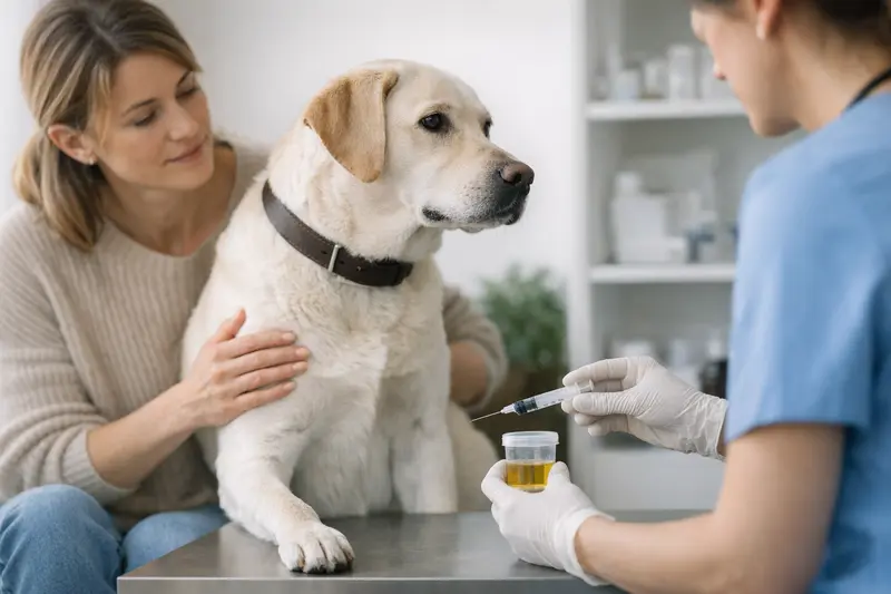 Ein Tierarzt zeigt einem Hundebesitzer eine sterile Urinprobe zur Entnahmemethode.