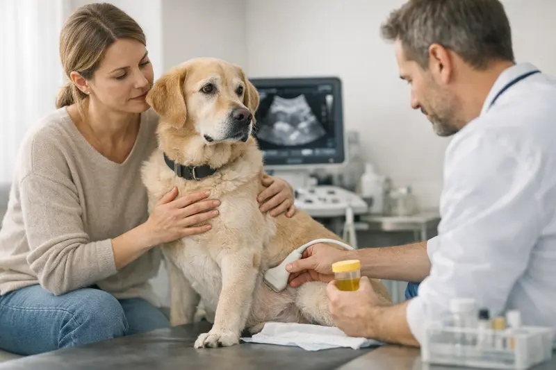 Urinprobe Hund Tierarztkosten Ein Hund erhält eine Urinprobe unter Sedierung beim Tierarzt.