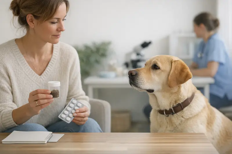 Kotuntersuchung beim Hund Tierarzt untersucht Kotprobe eines Hundes zur Beurteilung des Wurmbefalls.