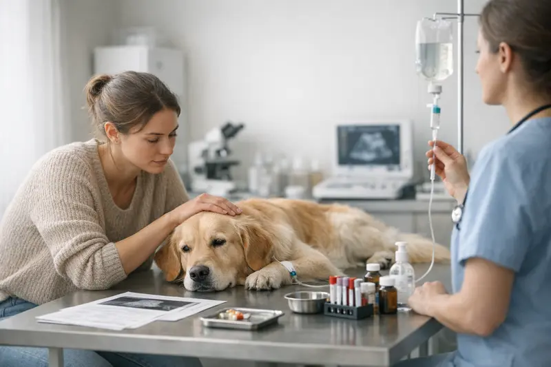 Ein Hund wird von einem Tierarzt auf Magen-Darm-Probleme untersucht.