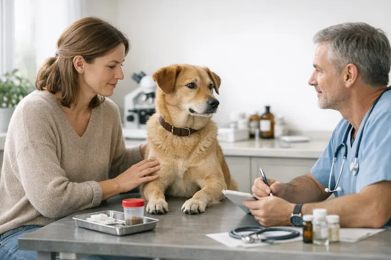Ein Hund wird beim Tierarzt untersucht, um auf Würmer getestet zu werden.