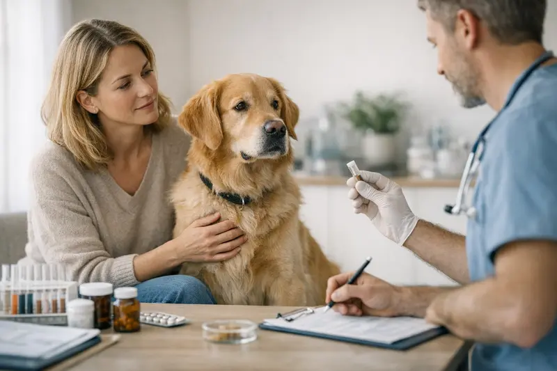 Hundehalter vergleicht verschiedene Versicherungsangebote für seinen Hund.