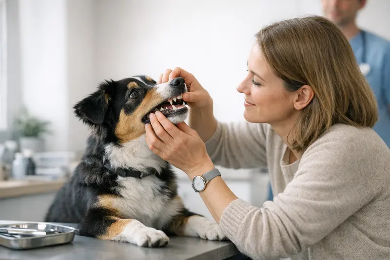 Zahnwechsel beim Hund Ein junger Hund zeigt seine neuen Zähne nach dem Zahnwechsel.