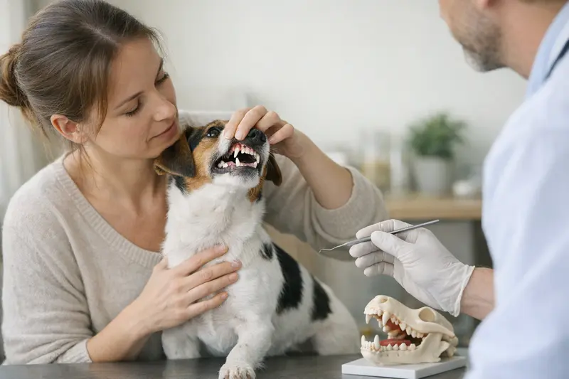 Persistierender Milchzahn bei Hunden Ein Hund mit einem persistierenden Milchzahn, der vorige Zähne beim Zahnwechsel zeigt.