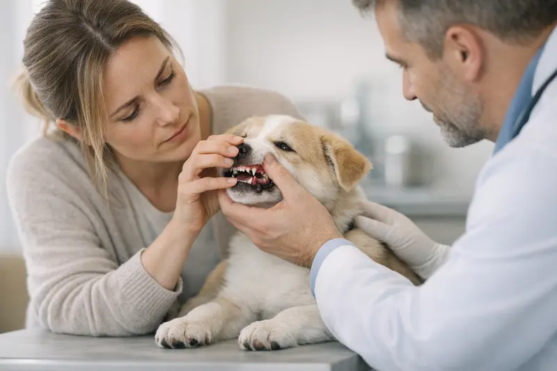 Junger Hund mit Zahnwechsel zeigt besorgniserregende Anzeichen wie gerötetes Zahnfleisch.