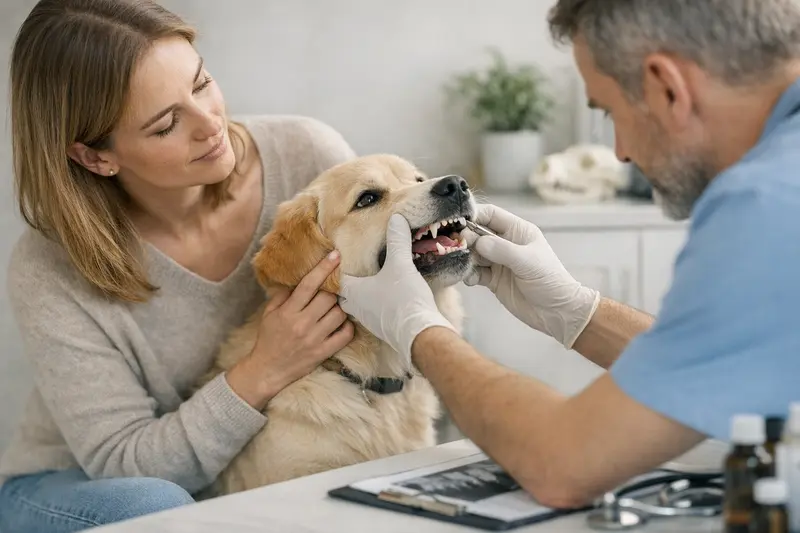 Hund beim Tierarzt zur Zahnuntersuchung Ein Hund beim Tierarzt zur Zahnuntersuchung, um Zahnbehandlungen abzusichern.