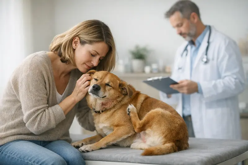 Hund mit Allergie beim Tierarzt Ein Hund mit Juckreiz und Allergiesymptomen bei einem Tierarzt.