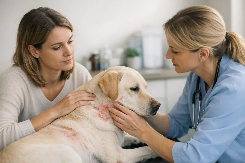 Hund mit Allergie beim Tierarzt Hund mit Juckreiz erhält tierärztliche Behandlung bei Allergie.
