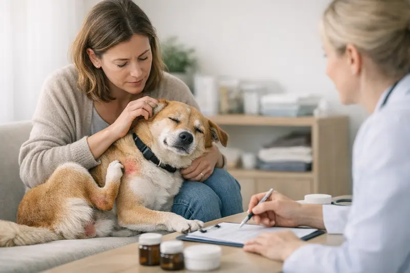 Tierarztbesuch bei Hundeallergie Hund mit Allergie beim Tierarzt zur Untersuchung