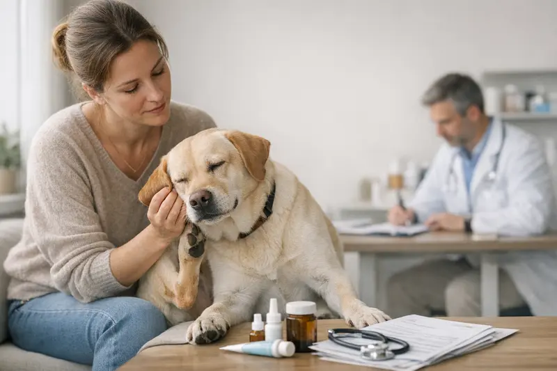 Tierarztuntersuchung auf Allergien bei Hunden Ein Hund wird beim Tierarzt auf Allergien untersucht.