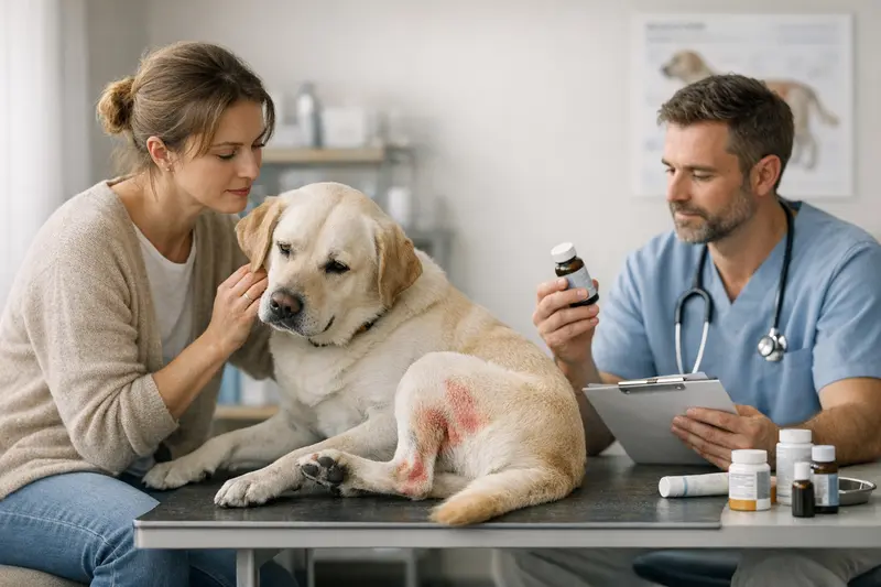 Hund mit Hautproblemen beim Tierarzt, während des Tarifvergleichs für Hundeversicherungen.