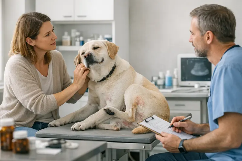Hautprobleme Hund Tierarzt Hund mit Hautproblemen beim Tierarzt, um die Bedeutung der Tarifprüfung bei Hauterkrankungen zu verdeutlichen.