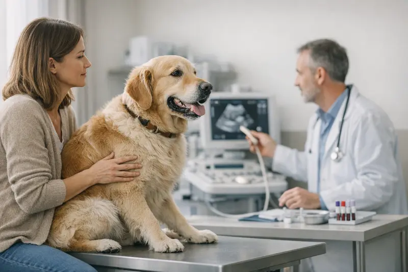 Untersuchungskosten beim Tierarzt für Hunde Tierarzt bei der Untersuchung eines Hundes zur Klärung von Gesundheitsproblemen und Kosten.
