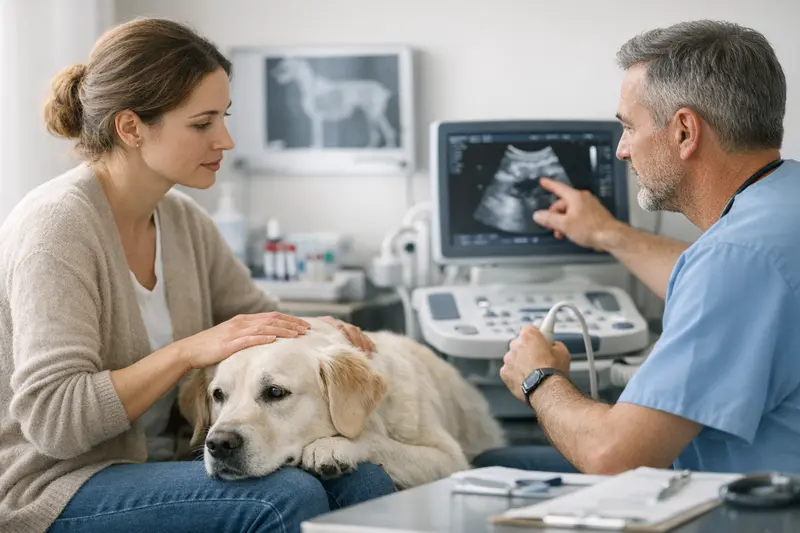 Tierärztliche Untersuchung Hund Ein Hund bei der tierärztlichen Untersuchung zur Abklärung von Gesundheitsproblemen.