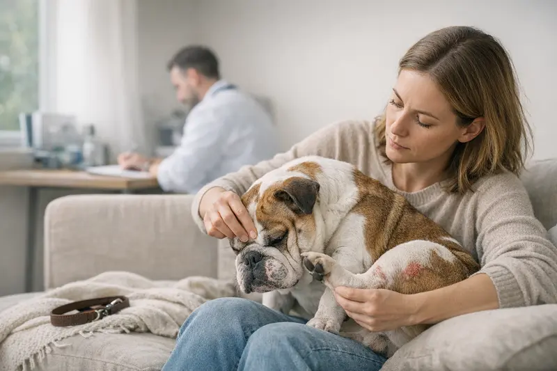 Hund bei Tierarzt mit Hautentzündung Hund mit Hautentzündung beim Tierarzt wird untersucht
