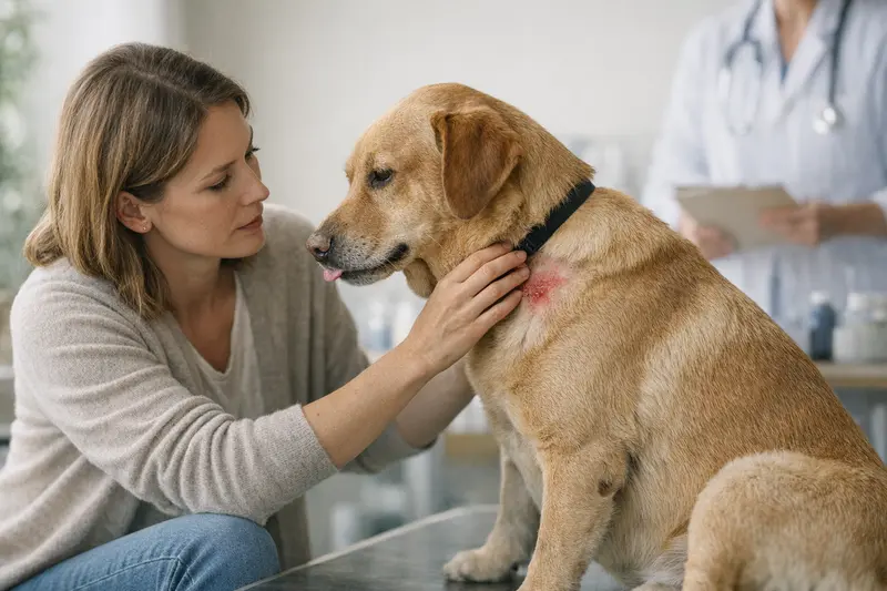 Hundehautentzündungen und Vorerkrankungen Tierarzt untersucht einen Hund mit Hautentzündung.