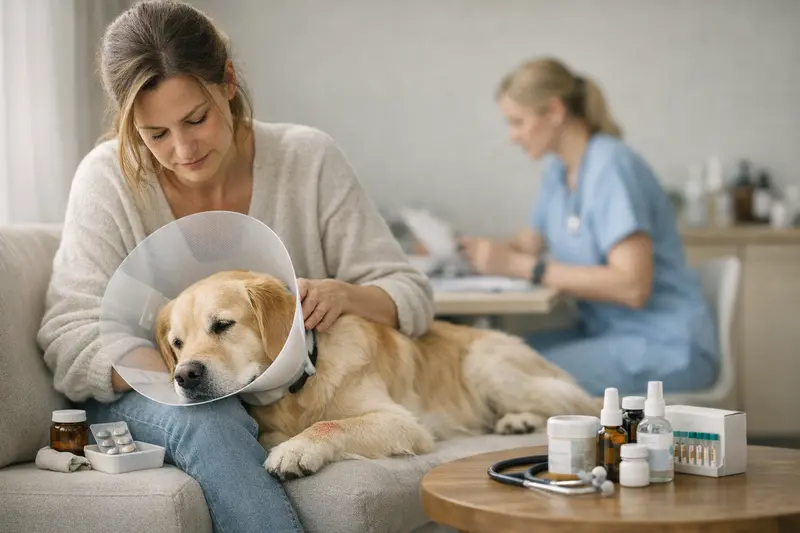 Hundebehandlung bei Allergien Ein Hund erhält eine Behandlung wegen Allergien beim Tierarzt.