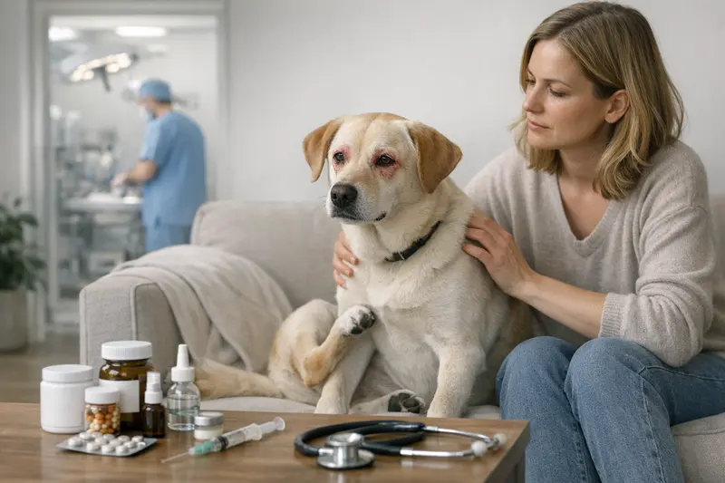Ein Hund mit Allergie erhält tierärztliche Untersuchung zur Kostenabsicherung.