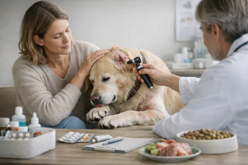 Ein Hund bei einem Tierarzt, der auf Allergien untersucht wird.